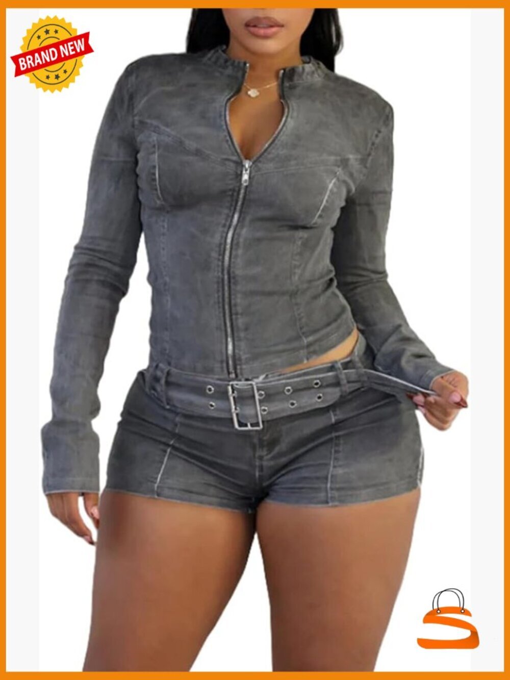 Women's Denim Two Piece Set Cropped Jean Jacket & Bodycon Shorts with Belt Y2K